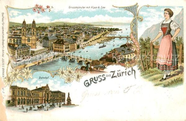 Zuerich ZH Grossmünster mit Alpen und See Bahnhof