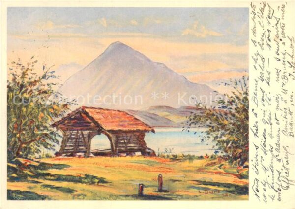 Niesen 2362m BE Bootshaus am See Künstlerkarte Louis Dü