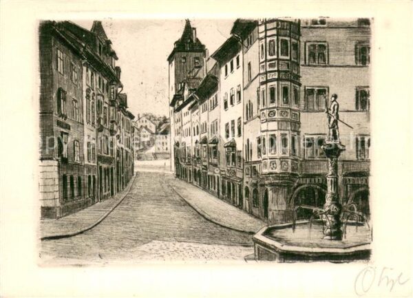 Schaffhausen  SH Oberstadt mit Brunnen Radierung