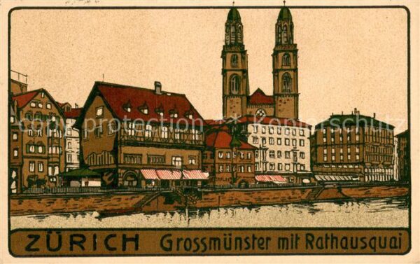 Zuerich ZH Grossmünster mit Rathausquai Linolschni