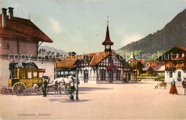 Zweisimmen BE Bahnhof m. Kutsche u. Fachwerk-Gebäude