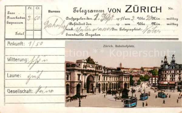 Zuerich ZH Telegramm-Karte Bahnhofplatz  m. Strass