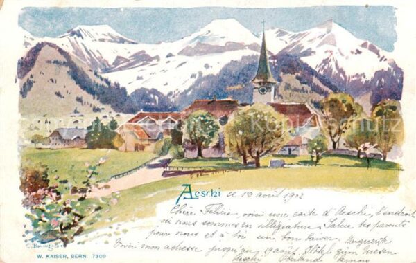 Aeschi BE Ortsmotiv mit Kirche Alpen Künstlerkart