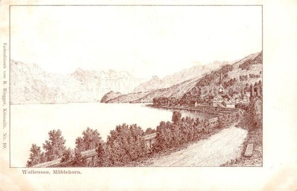 Wallensee Walensee SG Mühlehorn Zeichnung