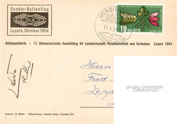 Luzern  LU Ballonpostkarte 11. Schweizerische Auss – Bild 2