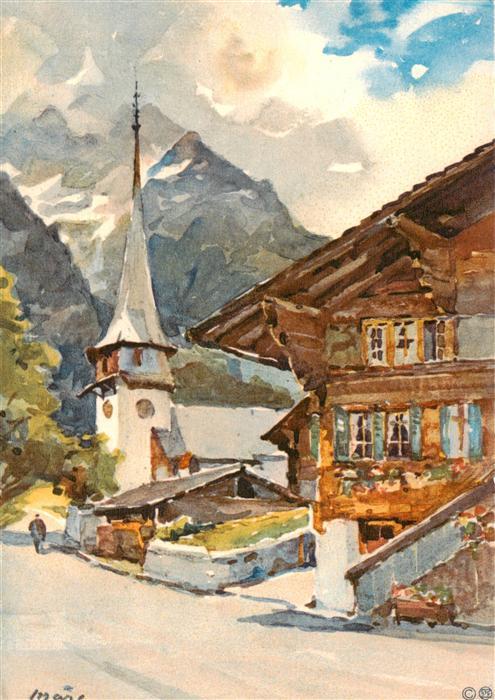 Gsteig BE Dorfmotiv mit Kirche Künstlerkarte