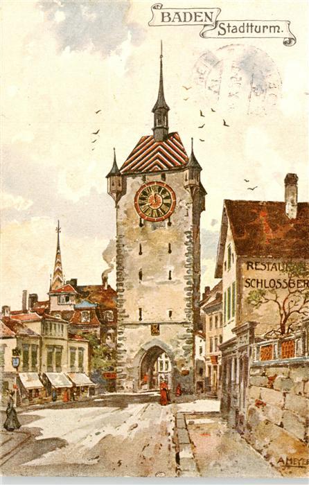 Baden  AG Stadtturm Restaurant Schlossberg Zeichn
