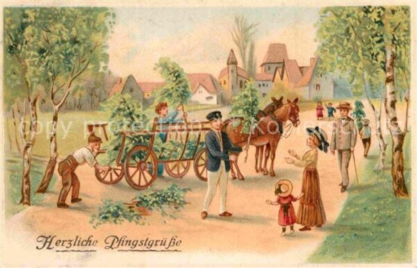 Pfingsten Pentecost Pentecote Pferdewagen Litho