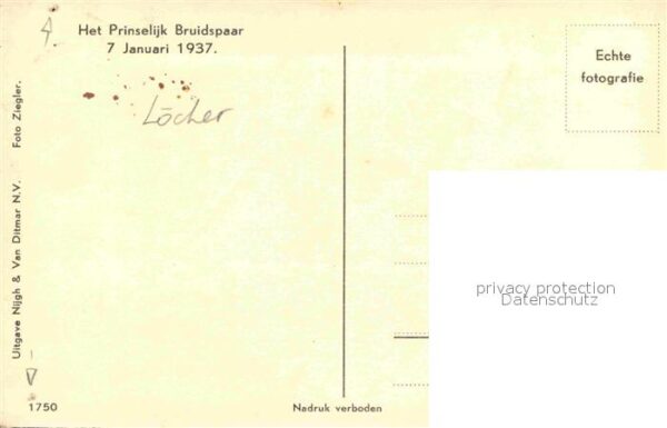 Adel Niederlande Prinselijk Bruidspaar 7 Januari 1937 – Bild 2