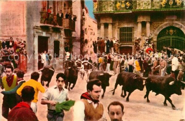 Pamplona Navarra Las toros pasan por delante del Ayuntam