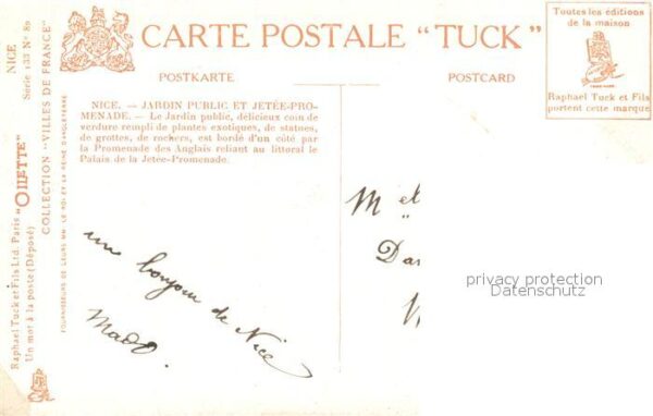 Verlag Tucks Oilette Nr. Serie I33 No. 82 Nice Jardin Public et – Bild 2