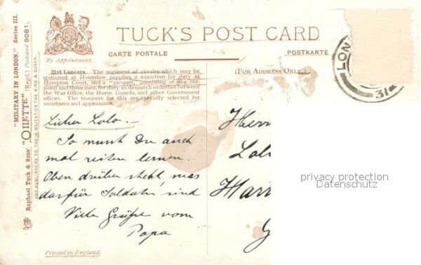 Verlag Tucks Oilette Nr. 9081 21st Lancers Cavalry Regiment Marl – Bild 2