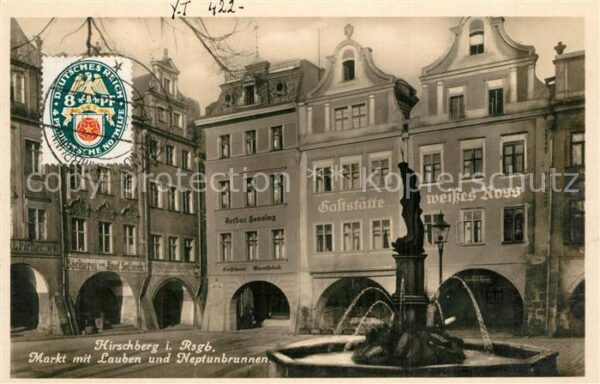 Hirschberg Jelenia Gora Markt mit Lauben und Neptunbrunnen