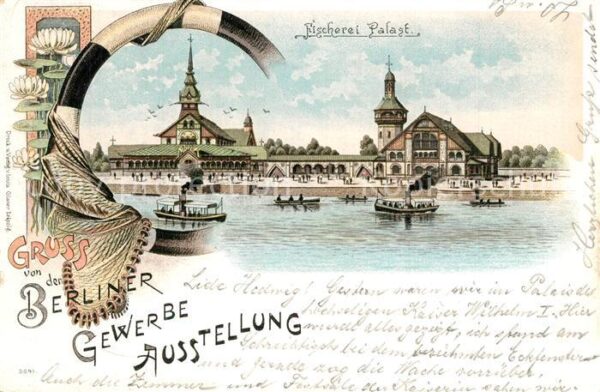 Ausstellung Gewerbe Berlin 1896 Fischerei-Palast Litho