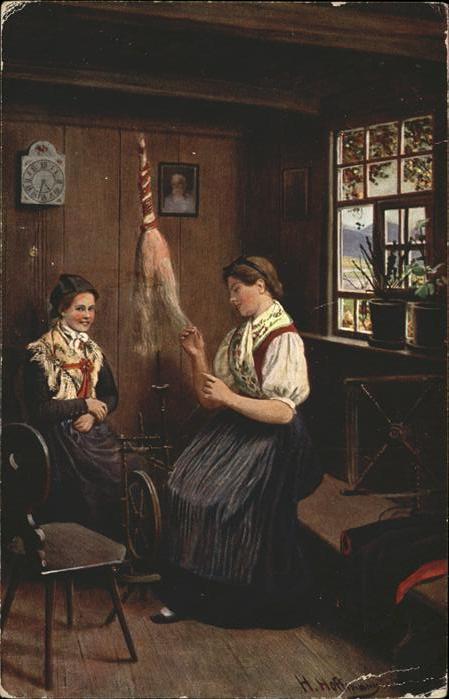 Spinnen Handwerk Spindel Mädchen Trachten Künstler H. Ho