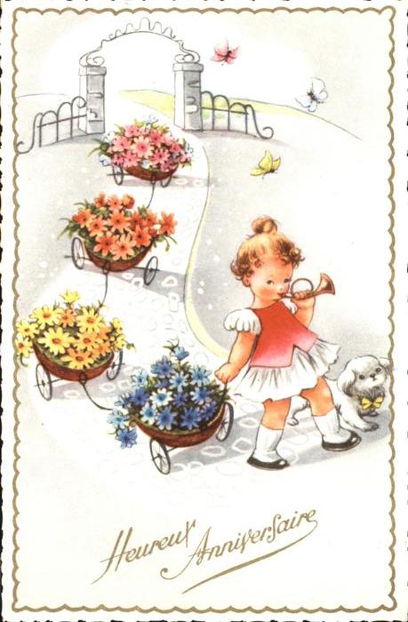 Geburtstag Kind Mädchen Hund Horn Blumen