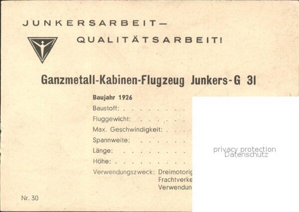 Flugzeuge Zivil Ganzmetall-Kabinen-Flugzeug Junkers-G 3 – Bild 2