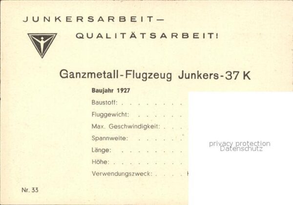 Flugzeuge Zivil Ganzmetall-Kabinen-Flugzeug Junkers-37 – Bild 2