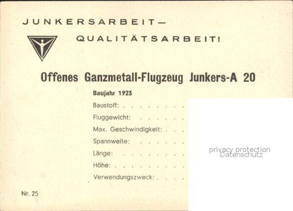 Flugzeuge Zivil Ganzmetall-Kabinen-Flugzeug Junkers-A 2 – Bild 2
