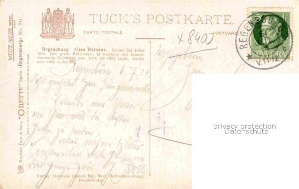 Verlag Tucks Oilette Nr. 711 Regensburg Altes Rathaus Charles E. – Bild 2