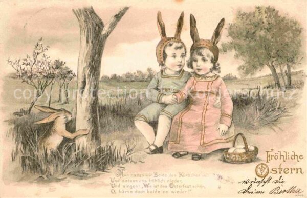 Ostern Easter Paques Kinder Hase Gedicht Litho