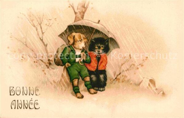 Vermenschlicht Hund Katze Regenschirm Regen Neujahr Li