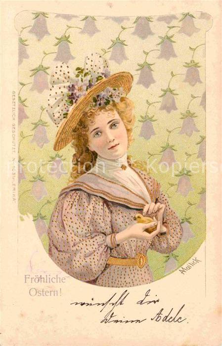 Mailick Ostern Frau Hutmode Mode Küken Litho
