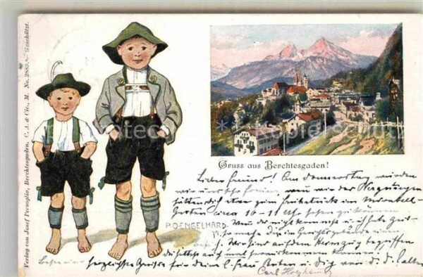 Kuenstlerkarte P. O. Engelhard Trachten Kinder Berchte