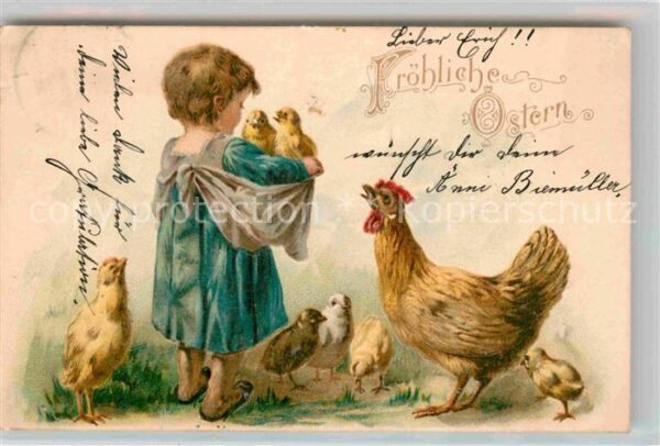 Ostern Easter Paques Kind Küken Huhn Litho