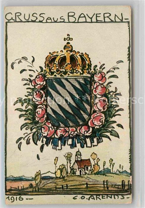 Kuenstlerkarte C.O. Arends Bayern Krone Rosen Vaterlan