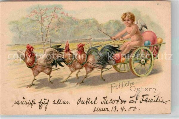 Ostern Easter Paques Engel Karre Ostereier Hähne Litho