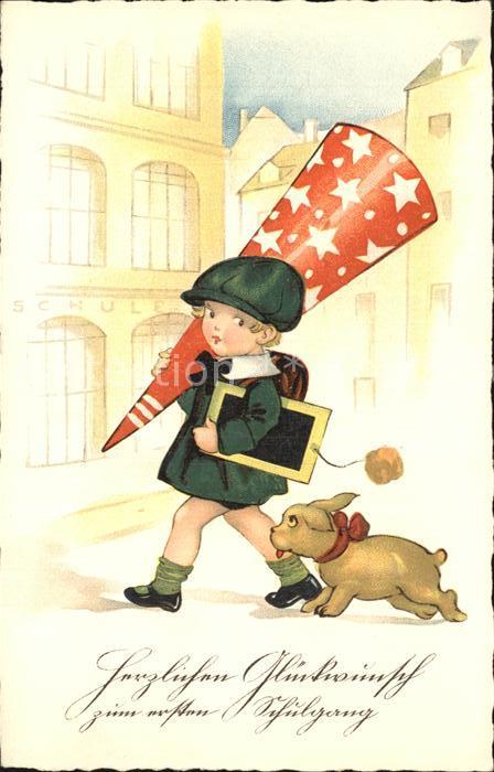 Schule School Ecole Escuela Scuola-- Einschulung Schultüte Tafel Kind Hund