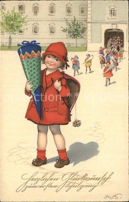 Schule School Ecole Escuela Scuola-- Einschulung Schultüte Kind Litho