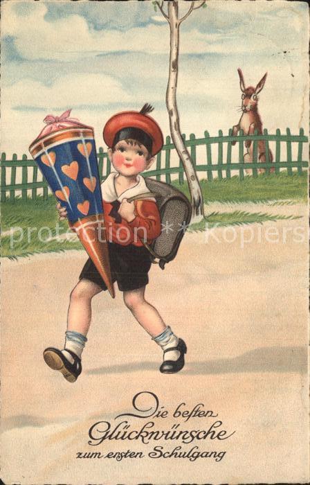 Schule School Ecole Escuela Scuola-- Einschulung Schultüte Kind Hase Litho