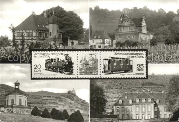 Briefmarken auf Postkarte Schmalspurbahnen DDR Schloss Hoflössnit