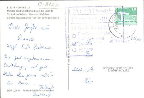 Briefmarken auf Postkarte Schmalspurbahnen DDR Schloss Hoflössnit – Bild 2