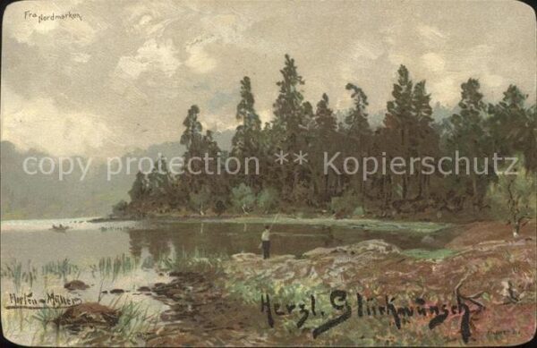 Kuenstlerkarte Morten-Müller Wald Bäume See angeln