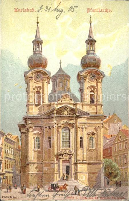 Karlsbad Eger Pfarrkirche Pferdekutsche Künstlerkart