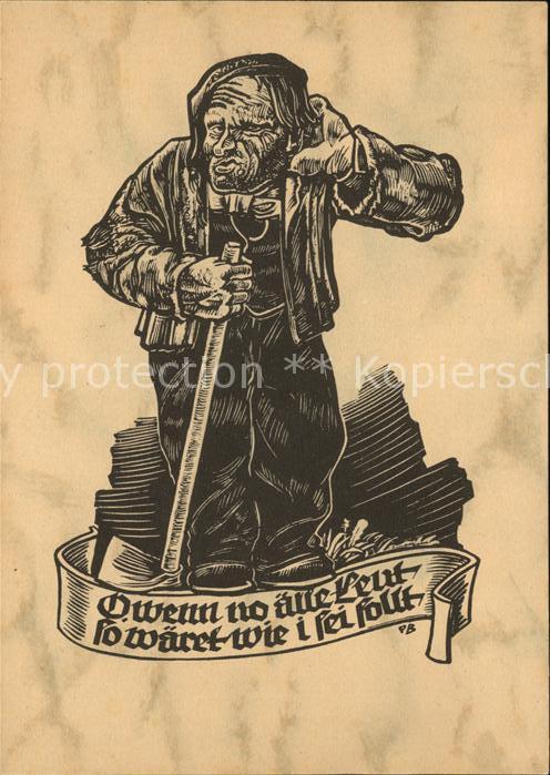 Kuenstlerkarte Wanderer alter Mann Spruch Holzschnitt