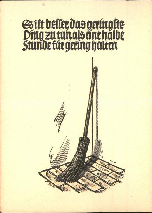 Kuenstlerkarte Spruch Besen Holzschnitt
