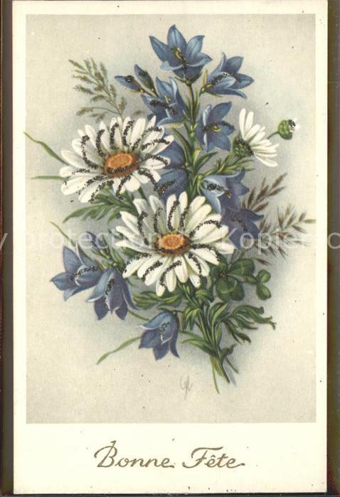 Kuenstlerkarte Blumen Bonne Fete Glitzer