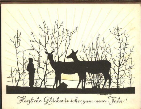 Scherenschnitt Schattenbildkarte Neujahr Rehe