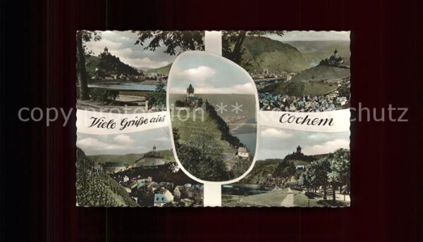 Cochem Mosel Ortsansichten mit Burg handcoloriert