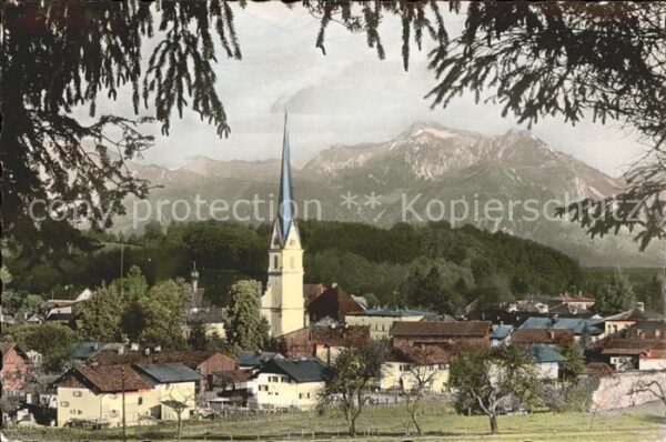 Prien Chiemsee Ortsansicht mit Kirche Alpenblick