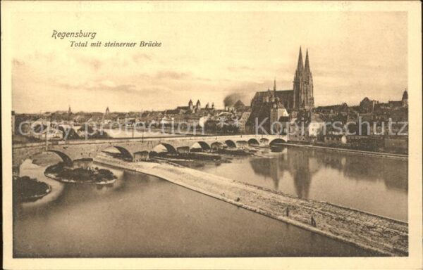 Regensburg Totalansicht mit steinerner Brücke Dom
