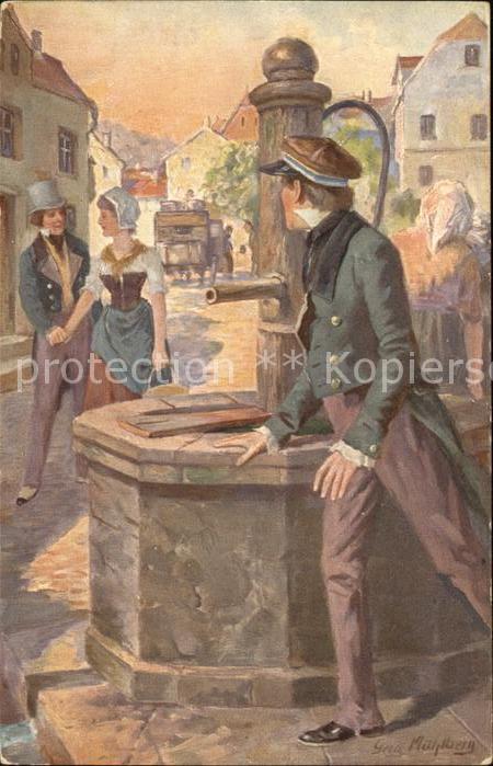 Kuenstlerkarte G. Mühlberg Brunnen Liebespaar