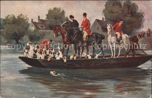 Kuenstlerkarte R. K. Boot Überfahrt Reiter