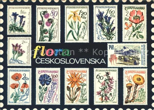 Briefmarken auf Postkarte flora ceskosleovenska