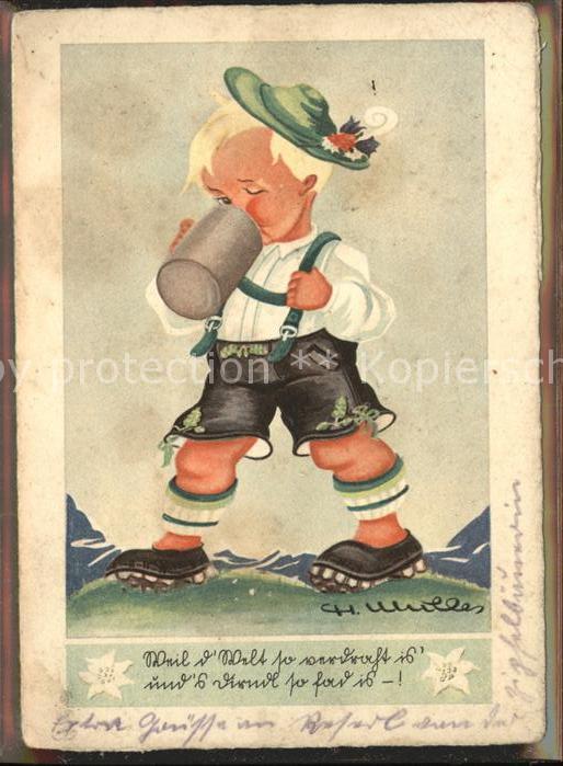 Kuenstlerkarte Kind Bierkrug