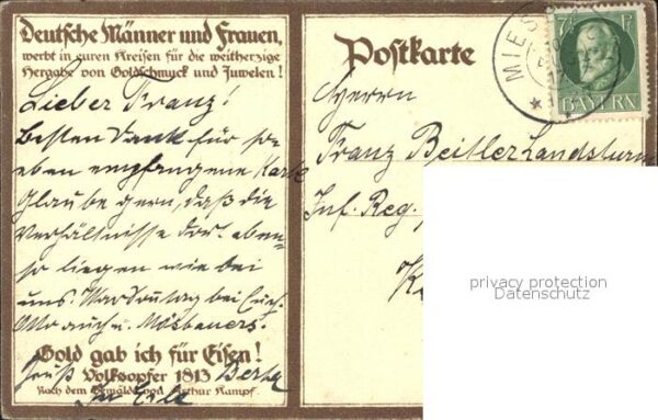 Feldpost-Stempel WK1 Hergabe von Goldschmuck – Bild 2